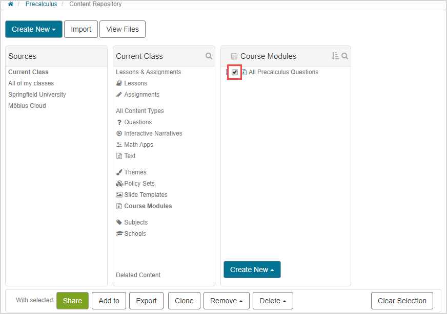 Under Current Class pane, Course Modules is selected. In list under Course Modules pane, the checkbox for one item is checked.